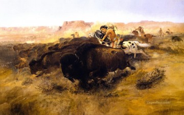 Amerikanischer Indianer Werke - die Büffeljagd 1895 Charles Marion Russell Indianer